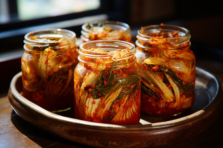 AI Generated homemade traditional Korean kimchi cuisine, fermented vegetables food with various spices for everyday meal.の素材