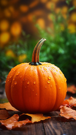 AI Generated autumn orange pumpkin with maple leaves over wooden table background. Thanksgiving harvest design concept.の素材