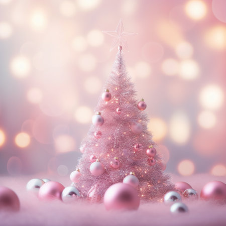 AI Generated pink Christmas tree with bauble hanging on the Christmas tree with sparkling light spot on the snow ground.の素材