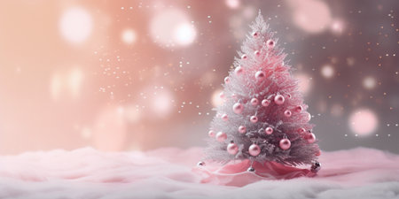 AI Generated pink Christmas tree with bauble hanging on the Christmas tree with sparkling light spot on the snow ground.の素材
