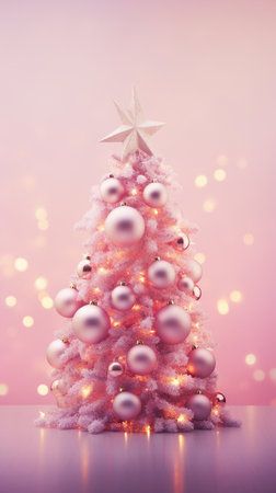 AI Generated pink Christmas tree with bauble hanging on the Christmas tree with sparkling light spot on the snow ground.の素材