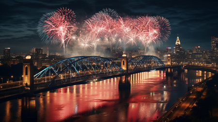 AI Generated new year celebration fireworks over bridge in the city with river.の素材