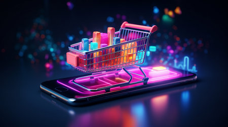 AI Generated futuristic modern digital online shopping by mobile device smartphone with shopping cart.の素材