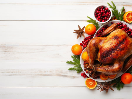 AI Generated Thanksgiving dinner cuisine with roasted turkey for holiday meal on wooden table background.の素材