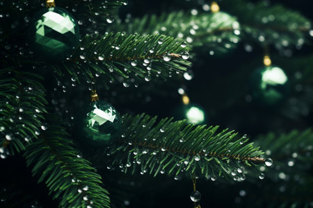 AI Generated macro close up part of Christmas tree branch details with decorations.の素材