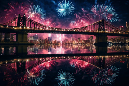 AI Generated new year celebration fireworks over bridge in the city with river.の素材