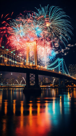 AI Generated new year celebration fireworks over bridge in the city with river.の素材