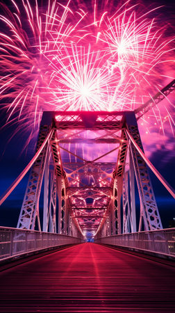 AI Generated new year celebration fireworks over bridge in the city with river.の素材
