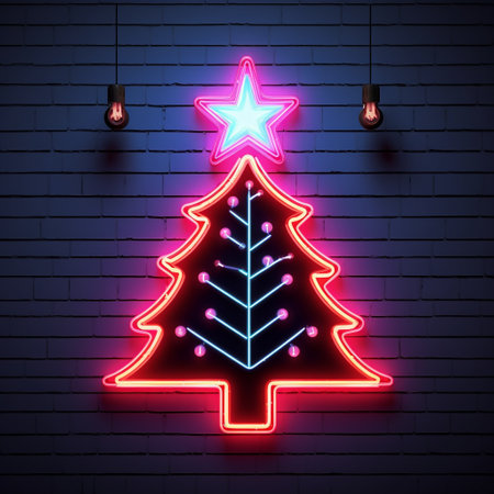 AI Generated neon light in Christmas tree shape on the wall in a room for festive decoration.の素材