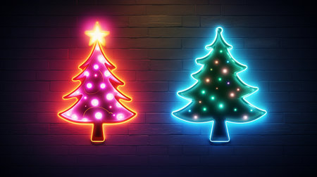 AI Generated neon light in Christmas tree shape on the wall in a room for festive decoration.の素材