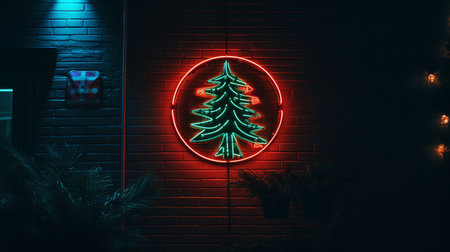 AI Generated neon light in Christmas tree shape on the wall in a room for festive decoration.の素材