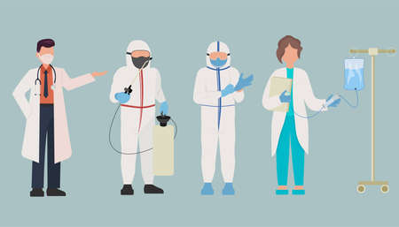 Doctors treat with injections, droppers, disinfection. People in protective uniform.のイラスト素材