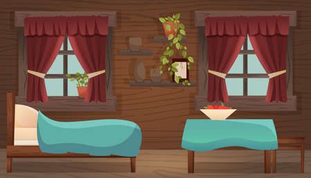 Wooden house with chairs, table, bed, window, flowers, books, shelves. Cartoon vector illustration.のイラスト素材