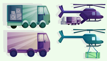 Delivery and logistics transport icons. Helicopter and truck, delivery home and office.のイラスト素材