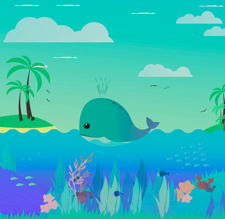 Children's cute illustration. The whale swims in the ocean. Nature under water with fish, corals, crabs, starfish.のイラスト素材