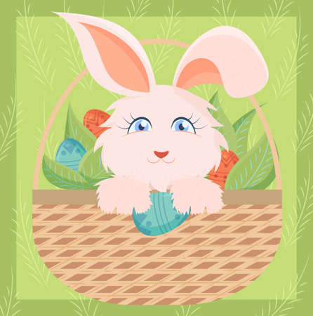 Easter bunny in a basket with eggs and plants. Easter background.のイラスト素材