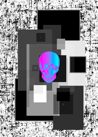 Bright illustration of skull on white and black background. Contemporary art. Cube and line vector art.のイラスト素材