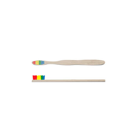 Realistic bamboo toothbrush with multicolor bristles. Wood textureのイラスト素材