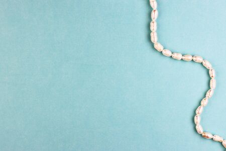 women's accessories made of pearls on a blue background, top view. white pendant made of precious stones. pastel background for women's daysの写真素材