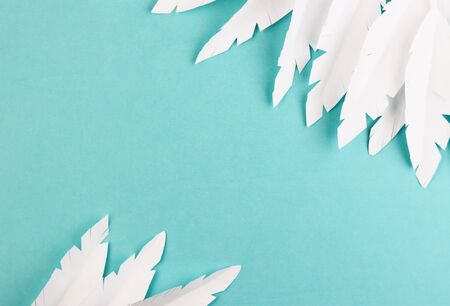 white paper feathers on a blue background, top view. paper decoration on a pastel backgroundの写真素材