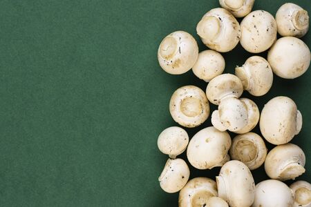 lots of mushrooms close-up on a green background, top view. source of vegetable protein, food for vegetariansの写真素材