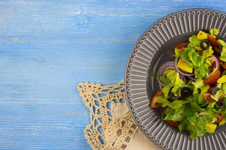 sandwiches of fresh vegetables and fried mushrooms on a gray plate, top view. vegetarian low-calorie food for weight loss from fresh herbs and baguetteの写真素材