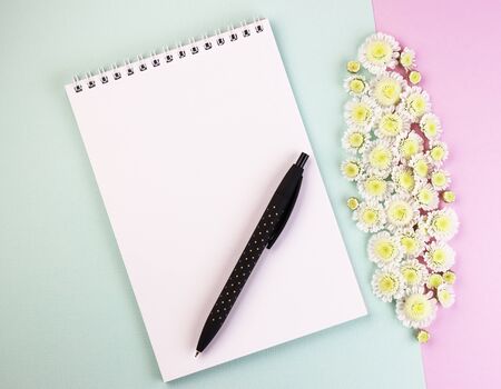 an empty Notepad with a pen and a flower bouquet on a pastel blue background. white notebook with daisies on a purple backgroundの写真素材