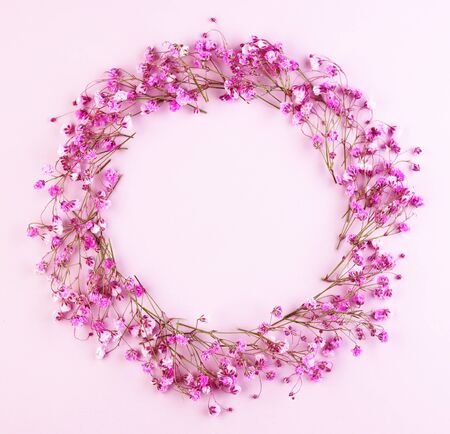 purple flowers on a pink background top view. many spring flowers arranged in a circle. women's wreath of flowersの写真素材