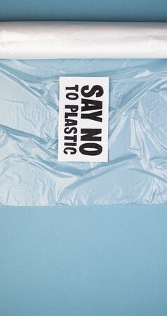 A plastic bag that says say no to plastic. The concept of asking people not to use plastic items to...