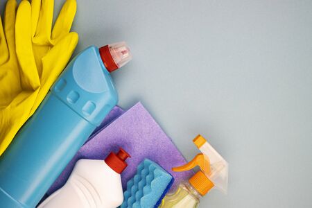 set of cleaning products for General cleaning and maintenance of cleanliness, top view. household goods for home and officeの写真素材