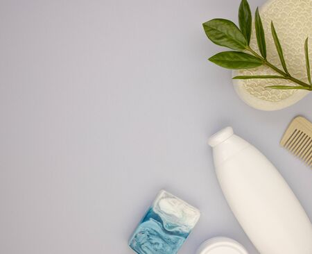 creams and moisturizing lotions for skin and body care, top view. set of women's natural cosmetics for personal hygieneの写真素材