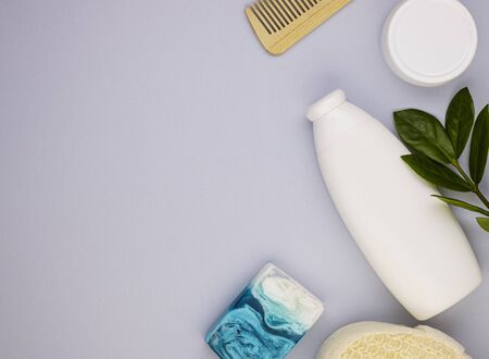 creams and moisturizing lotions for the care of delicate skin and body, top view. a set of women's natural cosmetics for personal hygiene preserving youth and beautyの写真素材