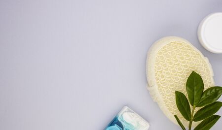 creams and moisturizing lotions for the care of delicate skin and body, top view. a set of women's natural cosmetics for personal hygiene preserving youth and beautyの写真素材