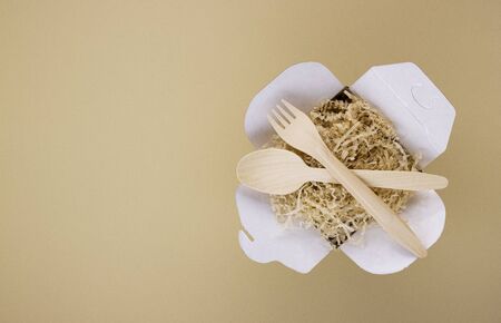 eco tableware and eco food containers with wooden spoons and forks on a light background with space...