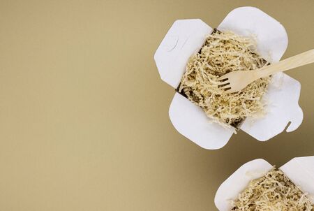 eco food containers and eco food containers with wooden spoons and forks on a light background with...