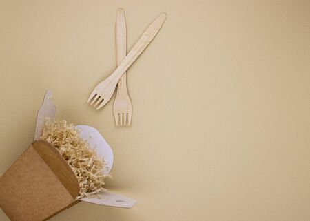 eco food containers and eco food containers with wooden spoons and forks on a light background with space for text. caring for nature, preserving the purity of the planetの写真素材