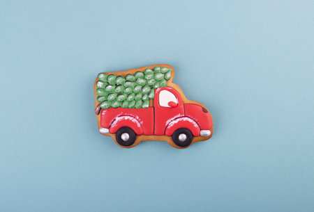 gingerbread truck carries a Christmas tree. holiday gingerbread cookiesの写真素材