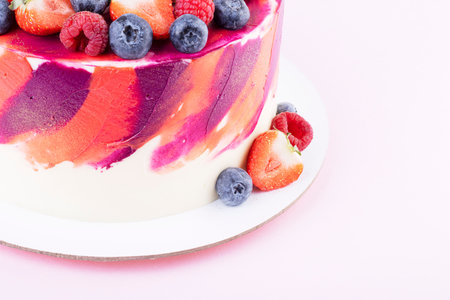 Beautiful fruit cake made of handmade cheese cream. delicious birthday cake
