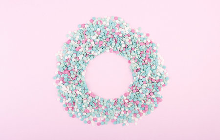 lots of small round colorful confetti for the background. background for Valentine's day, mother's day and women's daysの写真素材