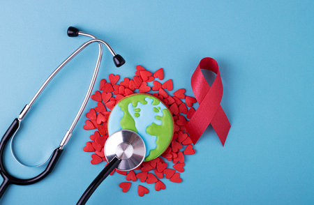 Red ribbon women's men's breast cancer awareness with stethoscope on blue medical background. lots...