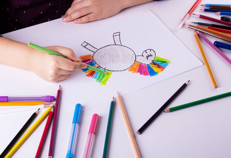 The boy draws a horse with colored pencils and markers on white paper. children's drawings, children's creativityの写真素材