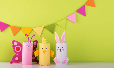 handmade toilet paper roll toys for children, bunnies butterflies birds. needlework is a craft made of paper. Recyclingの写真素材
