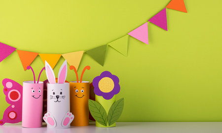 handmade toilet paper roll toys for children, bunnies butterflies birds. needlework is a craft made of paper. Recyclingの写真素材