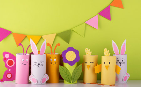 handmade toilet paper roll toys for children, bunnies butterflies birds. needlework is a craft made of paper. Recyclingの写真素材
