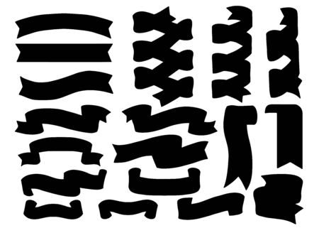 Set of silhouettes of ribbons isolated on white background. Old vintage style hand drawing engraved. Design element for banner, menu, poster, web.のイラスト素材
