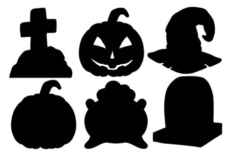 Halloween silhouette set. Scary pumpkin, cauldron and witch hat, gravestone. Isolated on white background. Design element for banner, menu, poster, web.のイラスト素材