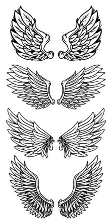 Set of vintage retro wings angels and birds isolated vector illustration in tattoo style. Design element for  badge, tattoo, t-shirt, banner, poster.のイラスト素材