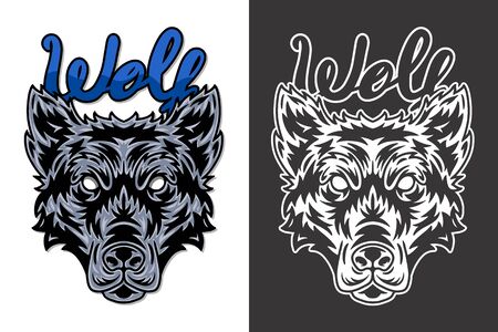 Vintage animal face wolf isolated vector illustration on a white background. Design element for logo, badge, tattoo, banner, poster.のイラスト素材