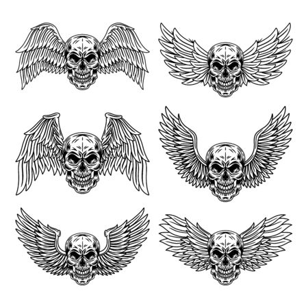 Vintage Set of winged skulls isolated retro vector illustration on a white background. Great design for any purposes.のイラスト素材