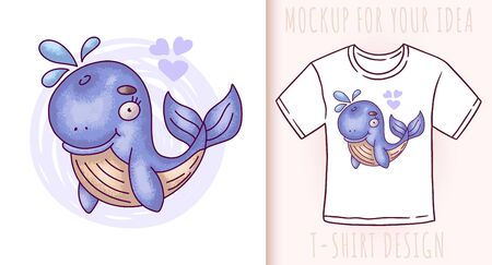 Cartoon cute baby blue whale. Vector illustration on white background. Great design for your product.のイラスト素材